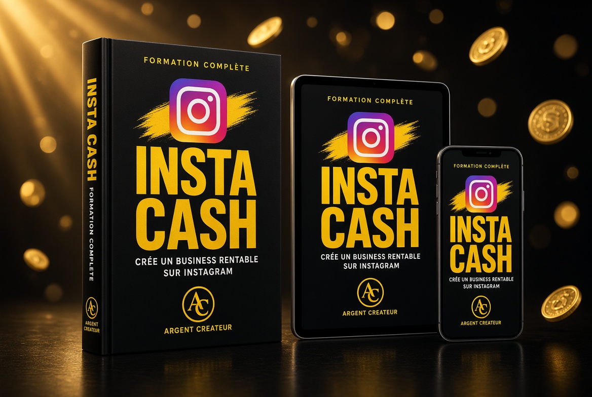 Mockup premium Insta Cash : livre, tablette et téléphone avec logo Argent Créateur