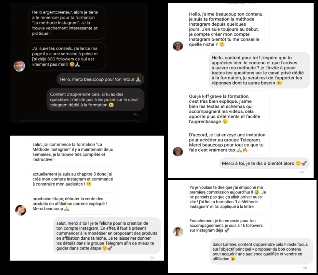 Captures d'écran de messages d'élèves Insta Cash